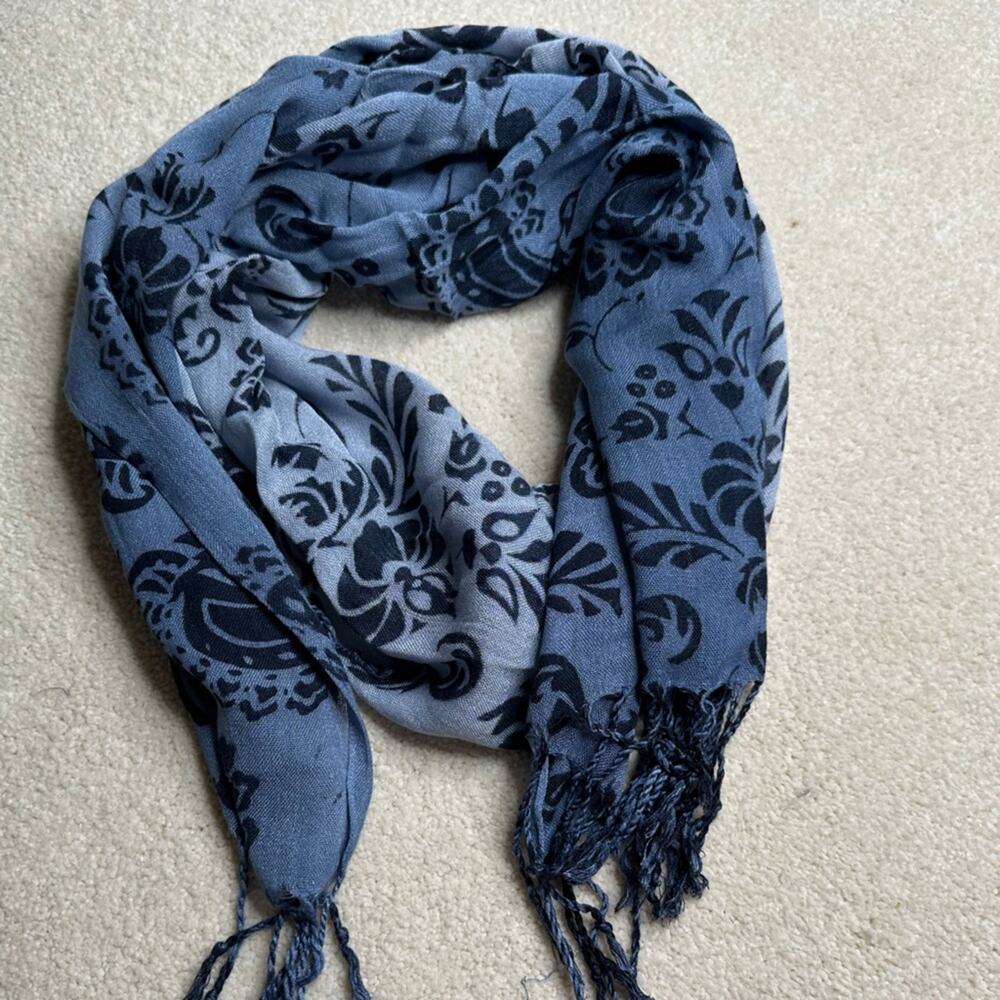 Blue Tone Floral Paisley Patterned Scarf with Tassels